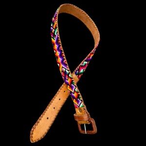 Vtg Panajachel Guatemalan Colorful Artisan Leather Belt Sz 34 Woven Boho Unisex